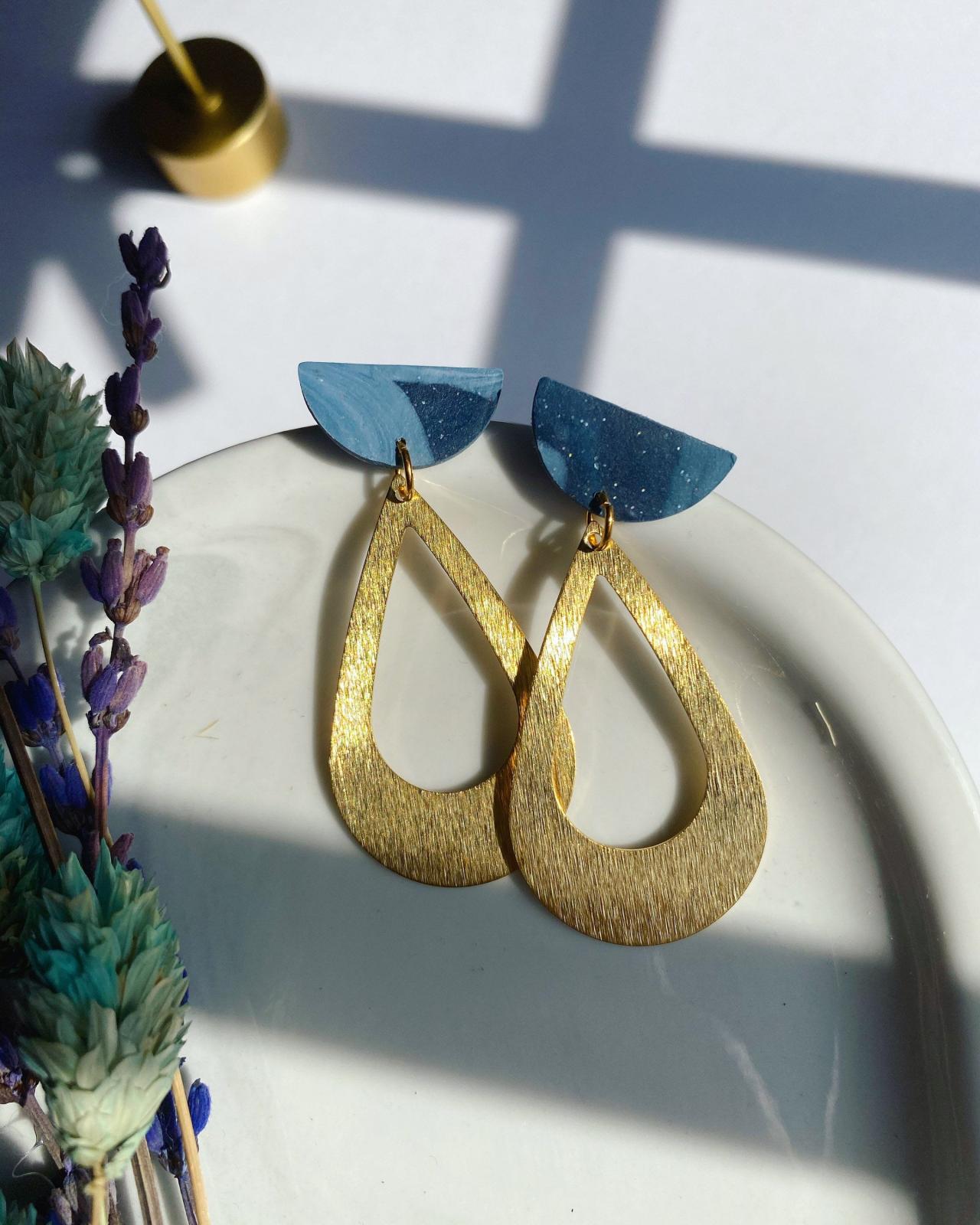 Modern Teardrop Brass Clay Earrings Dangle | Lightweight Statement Earrings
