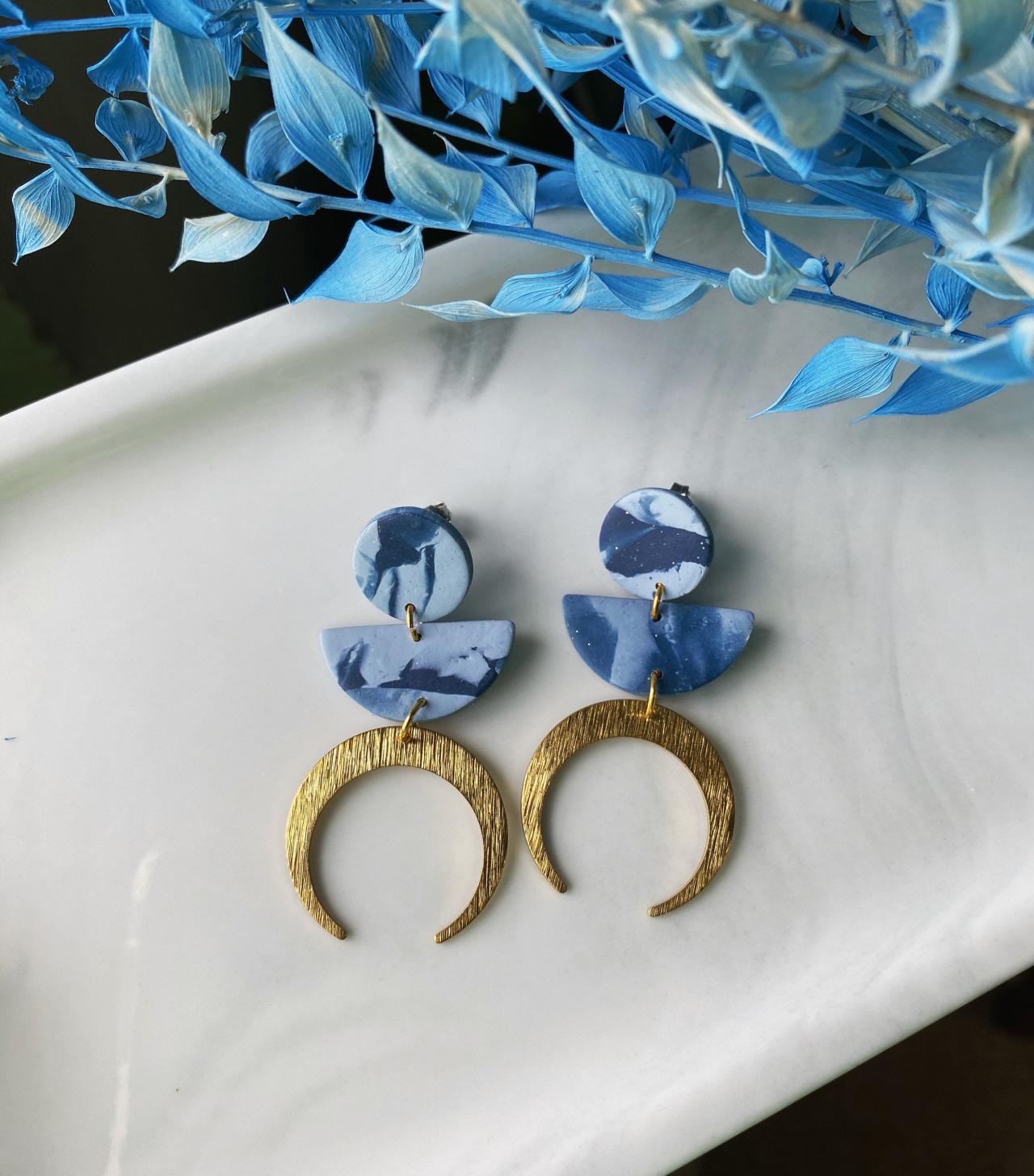 Polymer Clay Earrings / Lightweight Blue Marbled Moon Earrings / Modern Aesthetic Art Deco Jewelry