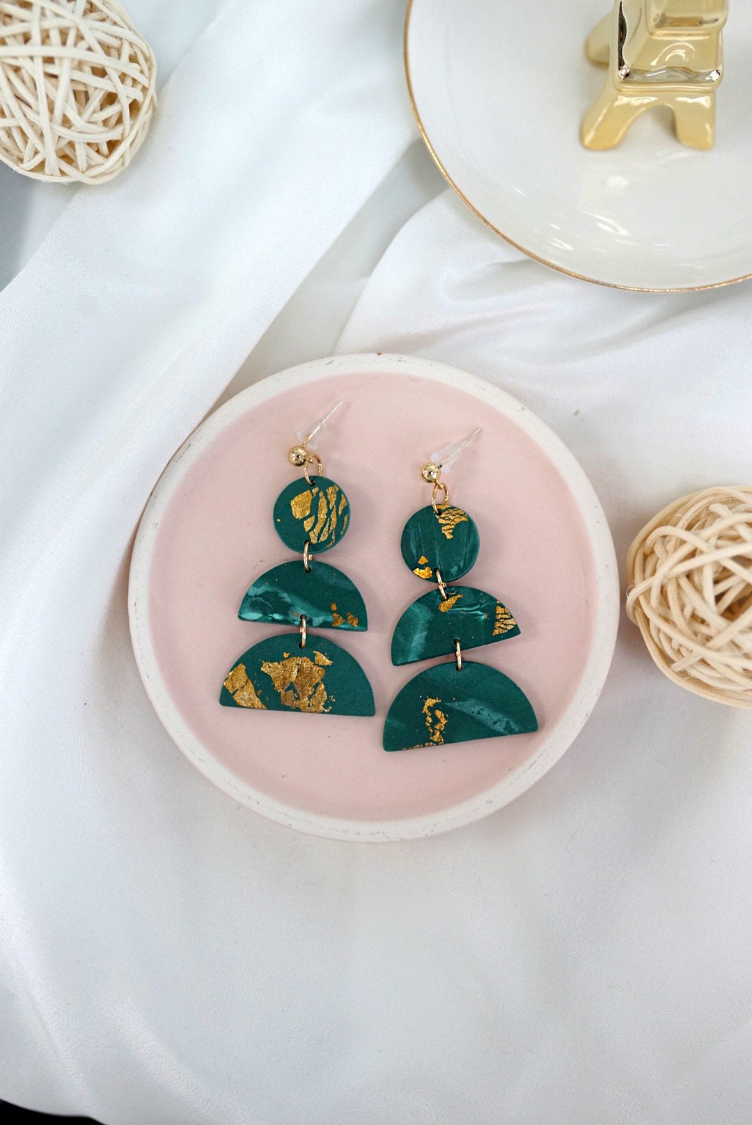 Clay Earrings Emerald Classy Modern Dangle / Handmade Unique Gift