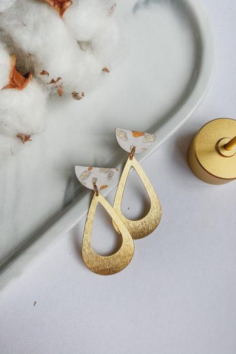 Polymer Clay White Teardrop Brass Earrings / Bridal Wedding Bridesmaid Earrings