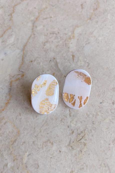 Resin Clay Earrings Small White Gold Flakes Earrings / Handmade Bridal Wedding Bridesmaid Earrings