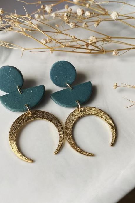 Poly Clay Earrings Forest Green Modern Brass Handmade Jewelry / Unique Gift For Her