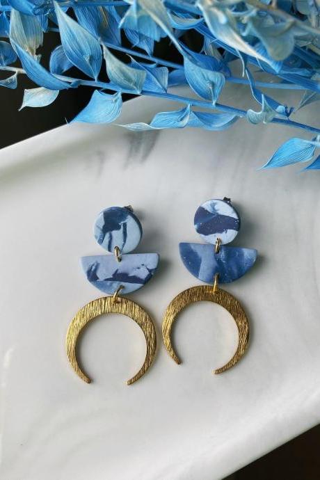 POLYMER CLAY EARRINGS / Lightweight Blue Marbled Moon Earrings / Modern Aesthetic Art Deco Jewelry